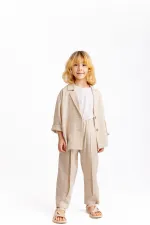 Pantalon en lin plissé, jambes et taille fermées, 2-7 ans, naturel