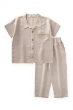 Ensemble chemise et pantalon en lin brodé, couleur naturelle, 2-7 ans