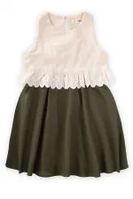 İki Renkli Beli Dantelli Elbise 2-7 Yaş Ekru