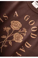 Long-sleeved patterned high-waisted trouser set for ages 2-8, brown.