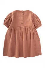 Organic Balon Kollu Müslin Elbise 2-10 Yaş Açık Kahve