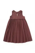 Bebe Yaka Nakışlı Keten Elbise 2-7 Yaş Mürdüm