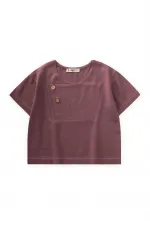 Kontrast Dikişli Keten Bluz 2-7 Yaş Mürdüm