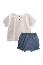 Bebe Yakalı Kot Şortlu Takım 0-4 Yaş Ekru