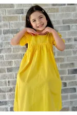 Robadan Fırfır Büzgülü Poplin Elbise 2-7 Yaş Sarı