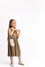 Nakışlı Yandan Bağlamalı Keten Elbise 2-7 Yaş Caramel