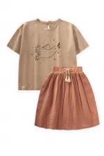 Ensemble jupe et jupe en mousseline beige à imprimé oiseaux et détails en pierre, pour enfants de 2 à 8 ans.