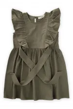 Yanları Bağcıklı Keten elbise 2-7 Yaş Haki Yeşil