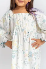 Dilim Nakışlı Poplin Elbise 2-7 Yaş Ekru Desenli