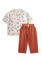 Palm Tree Patterned Shirt Set 2-10 Years Old Ecru