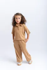 Polo Neck Wide Leg Suit for 2-7 Years Old Tan
