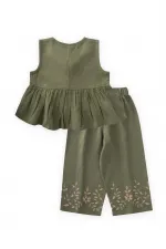 Linen Suit with Embroidered Legs, Khaki Green for 2-7 Years Old Linen Suit with Embroidered Legs, Khaki Green for 2-7 Years Old