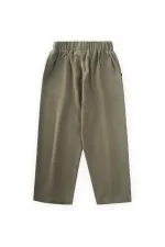 A Pleated Linen Trousers with Closed Legs and Waist, Khaki Green for Ages 2-7