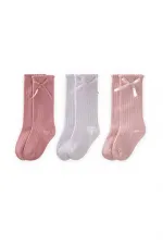Ensemble de chaussettes à trois nœuds, 3-10 ans, blanc, rose poudré, rose tendre