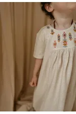Etnik Desen Baskılı Keten Elbise 2-7 Yaş Naturel