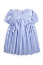 Robadan Fırfır Büzgülü Poplin Elbise 2-7 Yaş Mavi