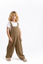 Salopette en lin à jambes larges, couleur caramel, 2-7 ans