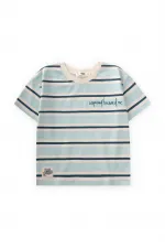 T-shirt à larges rayures brodées pour enfants de 2 à 10 ans, rayures turquoise et bleu marine