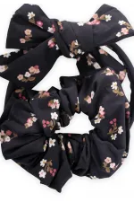 Crown Bow Elastic Hair Clip Set Navy Blue Floral