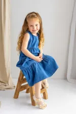 Katlı Kot Elbise 2-7 Yaş Mavi
