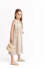 Baby Collar Embroidered Linen Dress for 2-7 Years Old, Natural