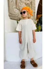 Salopette en lin à col V élastiqué, couleur naturelle, 2-7 ans
