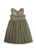 Nakışlı Roba Yaka Keten Elbise 2-7 Yaş Haki Yeşil