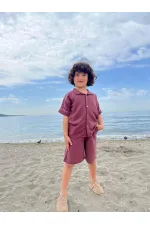 Kolları Nakışlı Gömlek Şort Keten Takım 2-7 Yaş Mürdüm