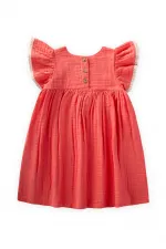 Organik Nakışlı Müslin Kız Elbise 2-10 Yaş Mercan