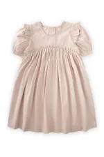 Robadan Fırfır Büzgülü Poplin Elbise 2-7 Yaş Ekru