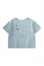 Kontrast Dikişli Keten Bluz 2-7 Yaş Mavi