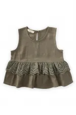 Bel Tambur Dantelli Keten Bluz 2-7 Yaş Haki Yeşil