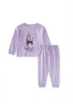 Cat Print Pajama Set for Ages 2-8, Lilac