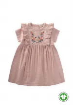Robe ethnique brodée en coton biologique, 1 à 7 ans, rose poudré