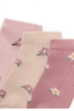 Üçlü Çiçek Desenli Çocuk Patik Çorap 5-12 Yaş Kum,Pudra,Gül Kurusu