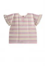 Çizgili Bağlamalı Kız T-Shırt 3-10 Yaş Pudra Mavi Çizgili