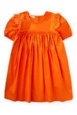 Robadan Fırfır Büzgülü Poplin Elbise 2-7 Yaş Turuncu
