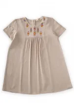 Etnik Desen Baskılı Keten Elbise 2-7 Yaş Naturel