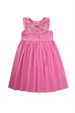 Nakışlı Roba Yaka Keten Elbise 2-7 Yaş Pembe