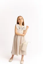 Embroidered Yoke Collar Linen Dress for 2-7 Years Old Natural