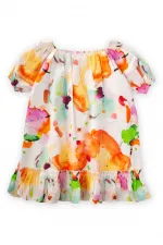 Yaka Kol Lastikli Poplin Elbise 2-7 Yaş Ekru Desenli