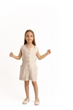 Yanları Cepli Kısa Boy Keten Tulum 2-7 Yaş Naturel