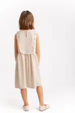 Dikdörtgen Robası Nakışlı Keten Elbise 2-7 Yaş Naturel