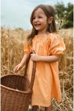 Robadan Fırfır Büzgülü Poplin Elbise 2-7 Yaş Turuncu