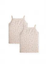 İkili İp Askılı Kız Atlet 2-11 Yaş Ekru Lila Çiçek Desen