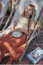 Ensemble jupe et jupe en mousseline beige à imprimé oiseaux et détails en pierre, pour enfants de 2 à 8 ans.