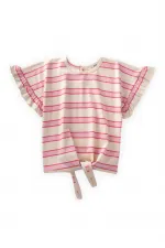 Çizgili Bağlamalı Kız T-Shırt 3-10 Yaş Pudra Geniş Çizgili