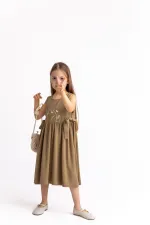 Nakışlı Yandan Bağlamalı Keten Elbise 2-7 Yaş Camel