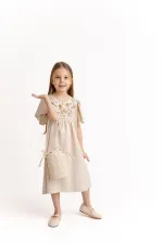 Robası Nakışlı Keten Elbise 2-7 Yaş Naturel