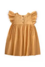 Organik Nakışlı Müslin Kız Elbise 2-10 Yaş Pastel Sarı